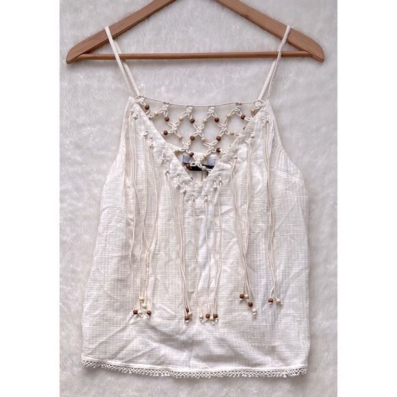 NWT Zara Beaded Macrame Knot & Fringe Cotton V-Neck Top in Ecru, Size XS - Picture 10 of 15